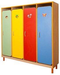 Шкаф детской одежды четырехместный с решеткой для обуви на металлокаркасе ( дверки цветные закругленные)